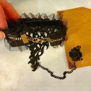 Victorian Steampunk Black Lace & Rose Cosplay Slave Bracelet Ring